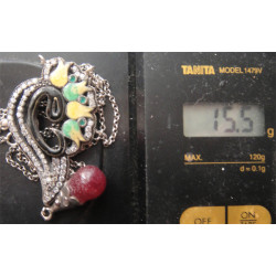 Vav harfli Lale Desenli Mineli Gümüş Kolye_358