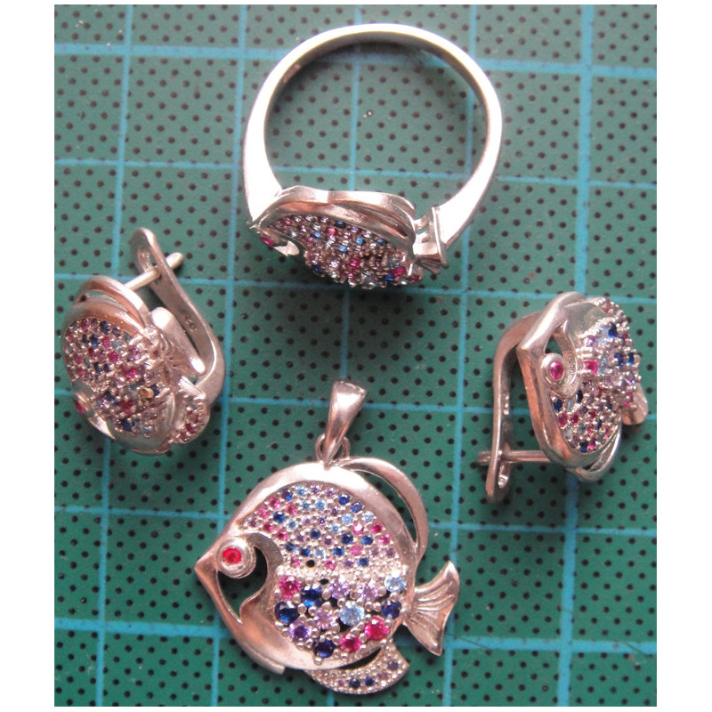 Balık Formunda Gümüş Küpe, Kolye Ucu ve Yüzük Set_384