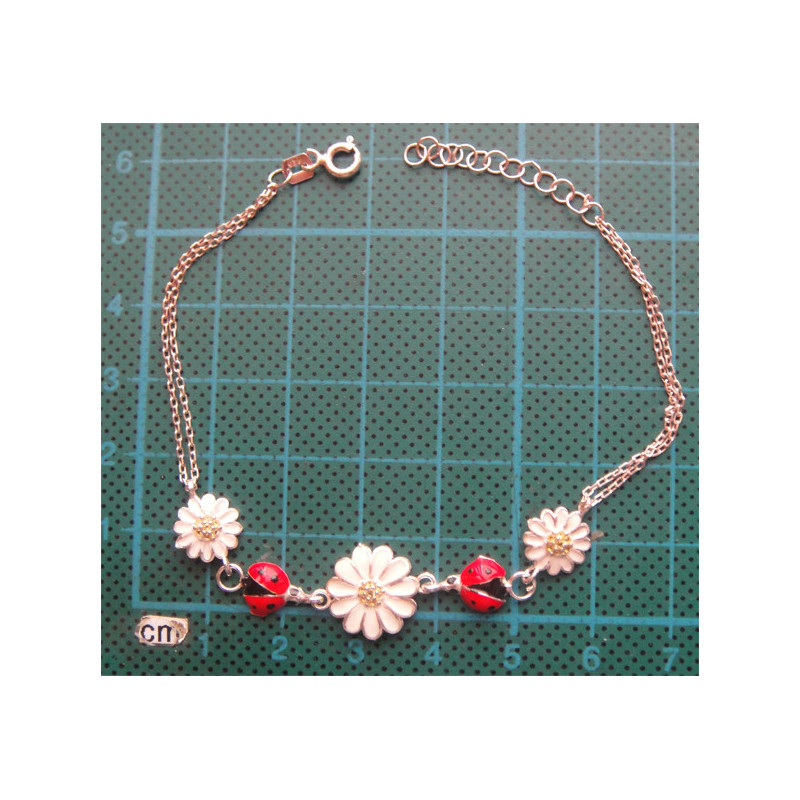 Uğur Böcekli Papatyalı Mineli Gümüş Bileklik_733