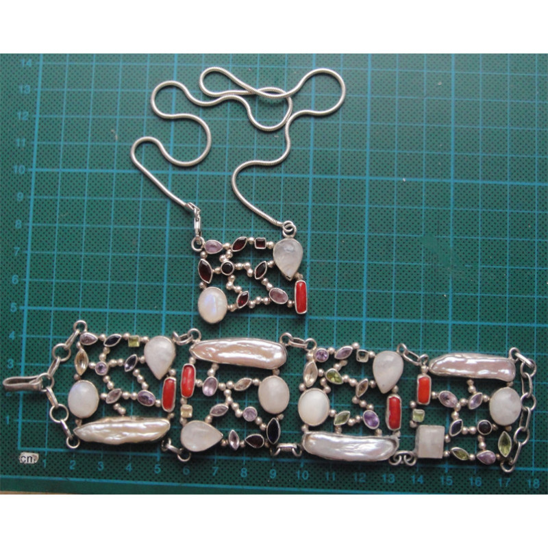 İncili ve Doğal Taşlı Gümüş Bileklik ve Kolye SET_838