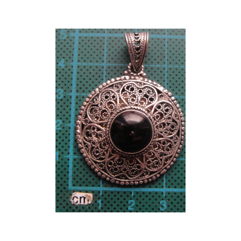 Telkari İşçilikli Siyah Doğal Taşlı Gümüş Kolye Ucu_1748