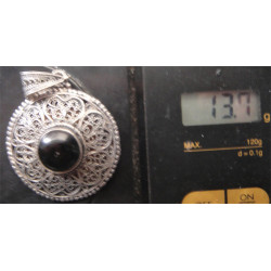 Telkari İşçilikli Siyah Doğal Taşlı Gümüş Kolye Ucu_1748