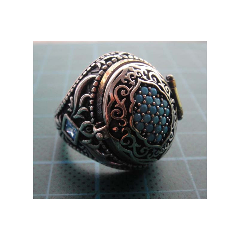 Ottoman style silver locket ring with turquoise stones_1362