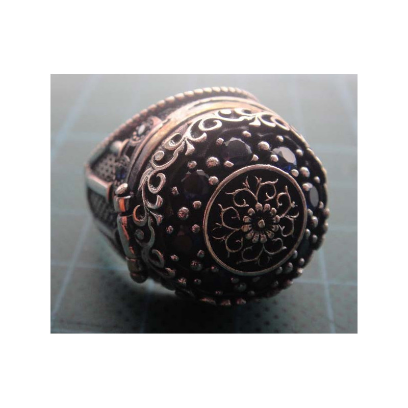 Ottoman style silver locket ring with blue and purple stones and floral medallion_1363