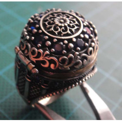 Ottoman style silver locket ring with blue and purple stones and floral medallion_1363