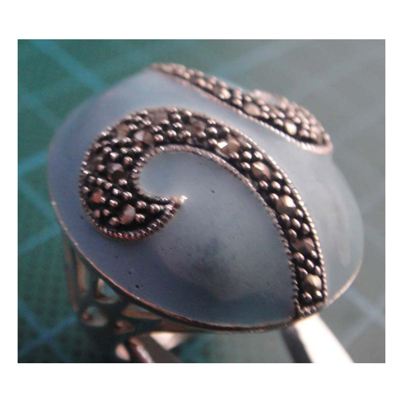 Silver ring with blue oval stone and marcasite swirl_1375