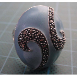 Silver ring with blue oval stone and marcasite swirl_1375
