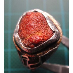 Silver ring with coral stone and flame motif_1389
