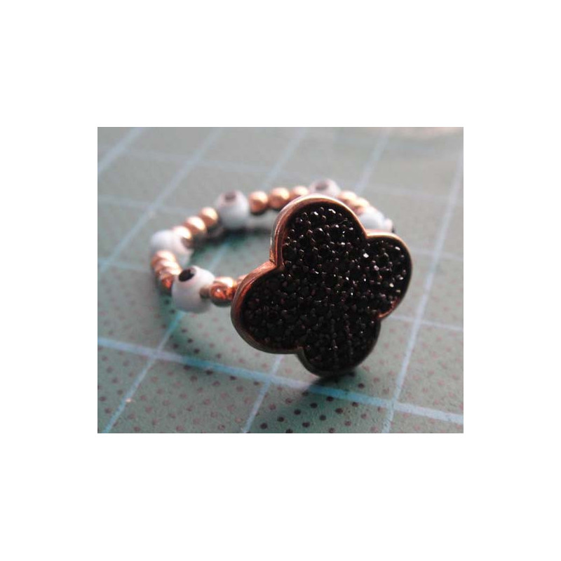 Rose gold colored clover motif black stone evil eye beaded ring_1392