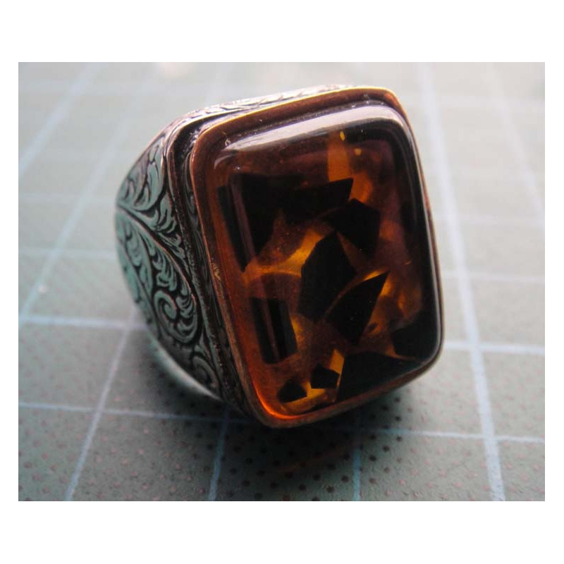 Silver ring  with rectangular mosaic amber stone_1393