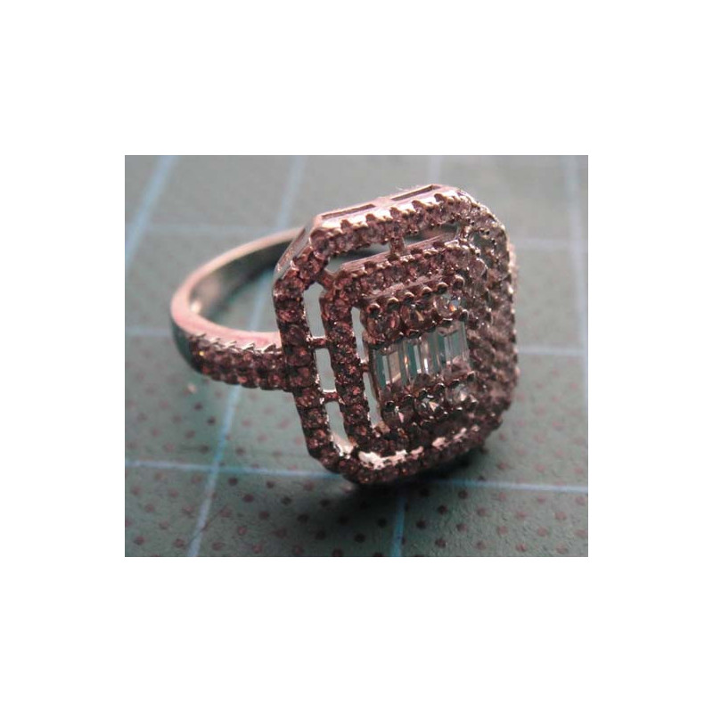 Silver ring with baguette and round stones in rectangular double halo setting_1397