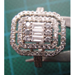 Silver ring with baguette and round stones in rectangular double halo setting_1397