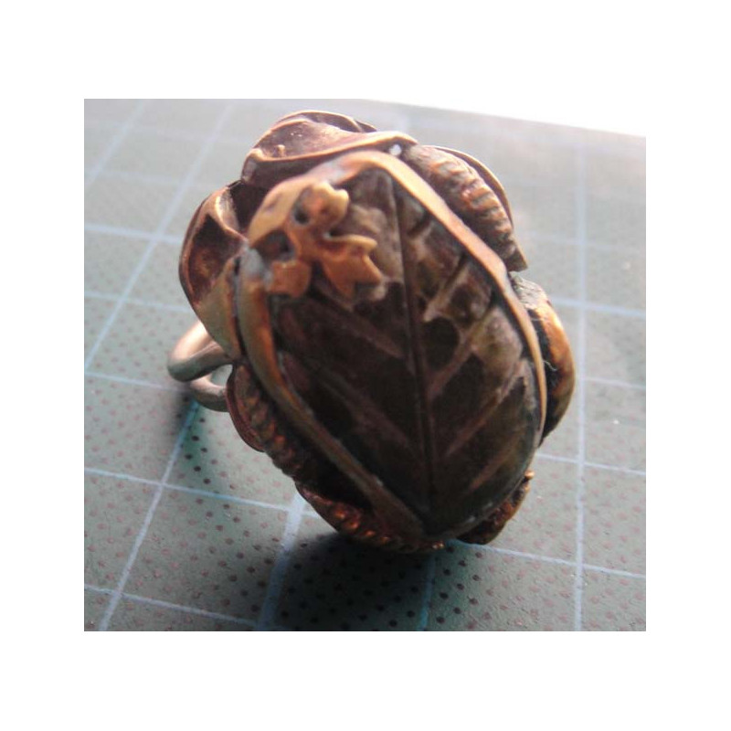 Carved Stone Leaf Motif Silver Ring_1404