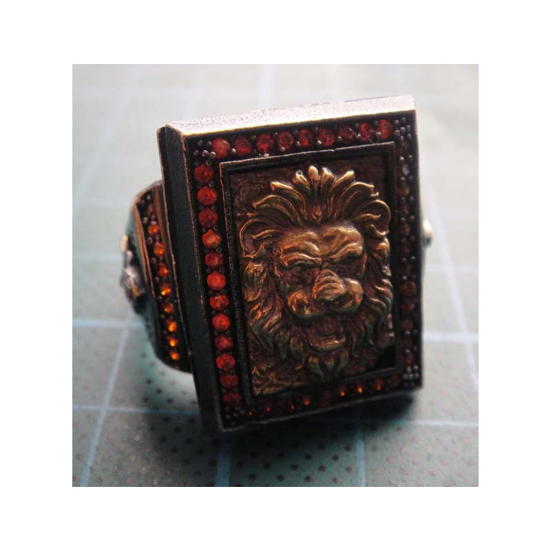 Lion Head Red Colored Stone Silver Ring_1406