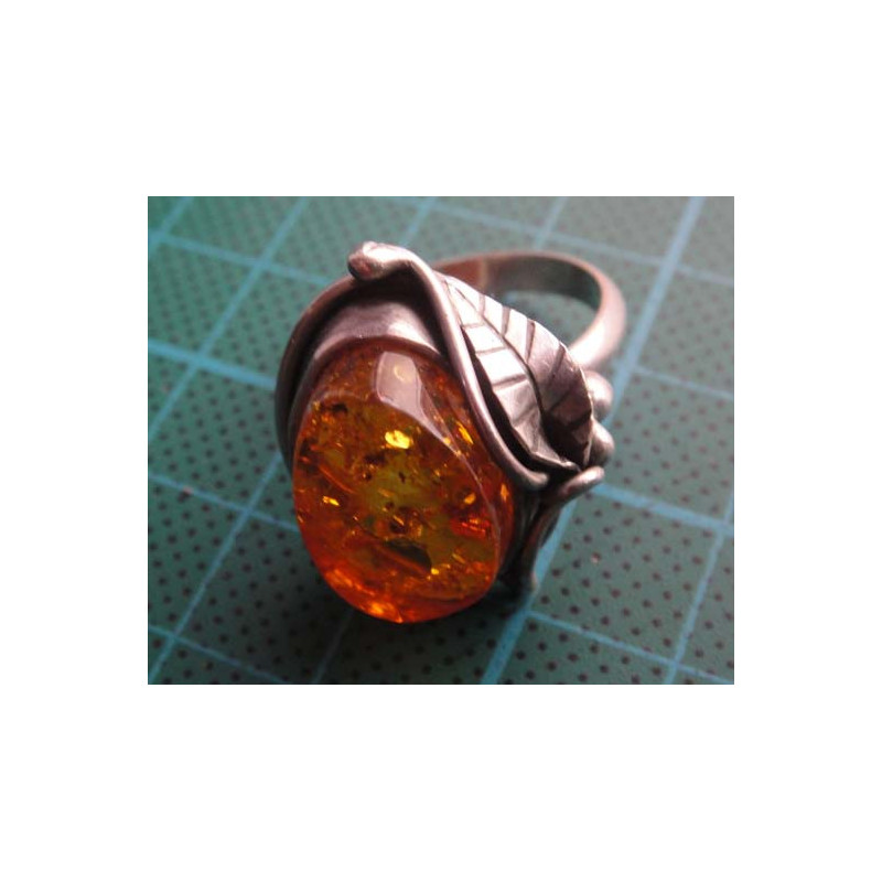 Amber Stone Leaf Motif Silver Ring_1412