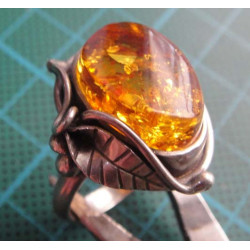 Amber Stone Leaf Motif Silver Ring_1412