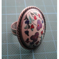 Hand Painted Floral Ceramic Stone Silver Ring_1435