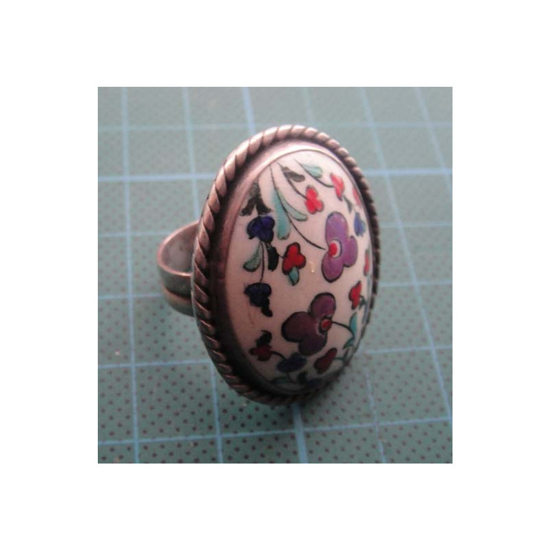 Hand Painted Floral Ceramic Stone Silver Ring_1435