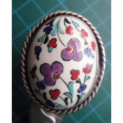 Hand Painted Floral Ceramic Stone Silver Ring_1435