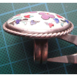 Hand Painted Floral Ceramic Stone Silver Ring_1435